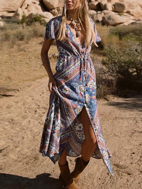 Bohemian Floral V-neck Split Beach Long Dress