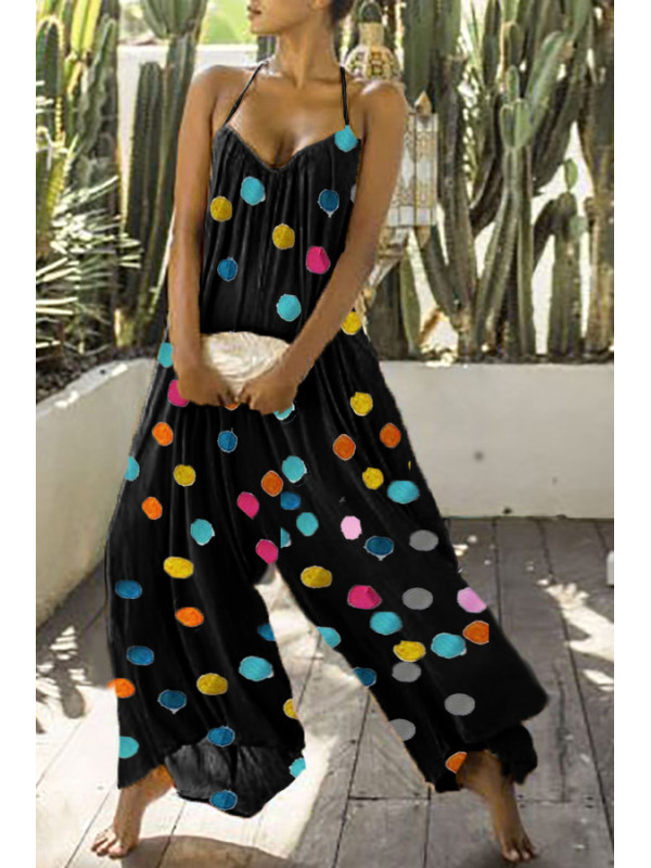Tie Collar Polka Dot Jumpsuits
