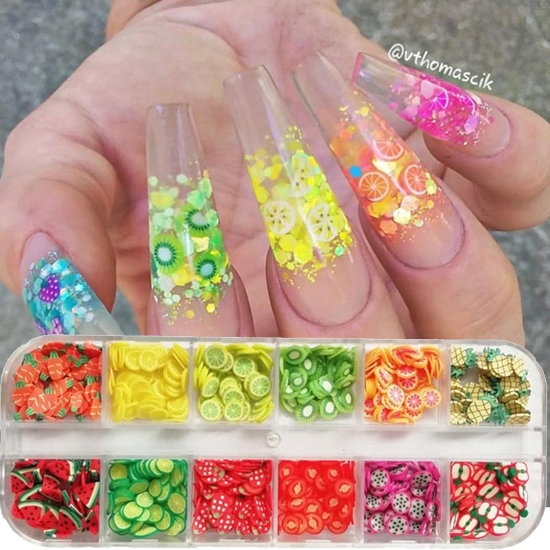 Mixed 3D Fruit Slices Sticker Polymer Clay DIY Designs Slice Lemon Nail Art Sliders Nails Art Decors Women Nail Tips Manicure