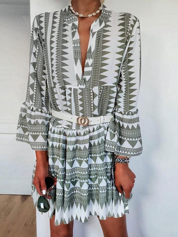 Lapel Long-sleeved Printed Lace-up Shirt Dress