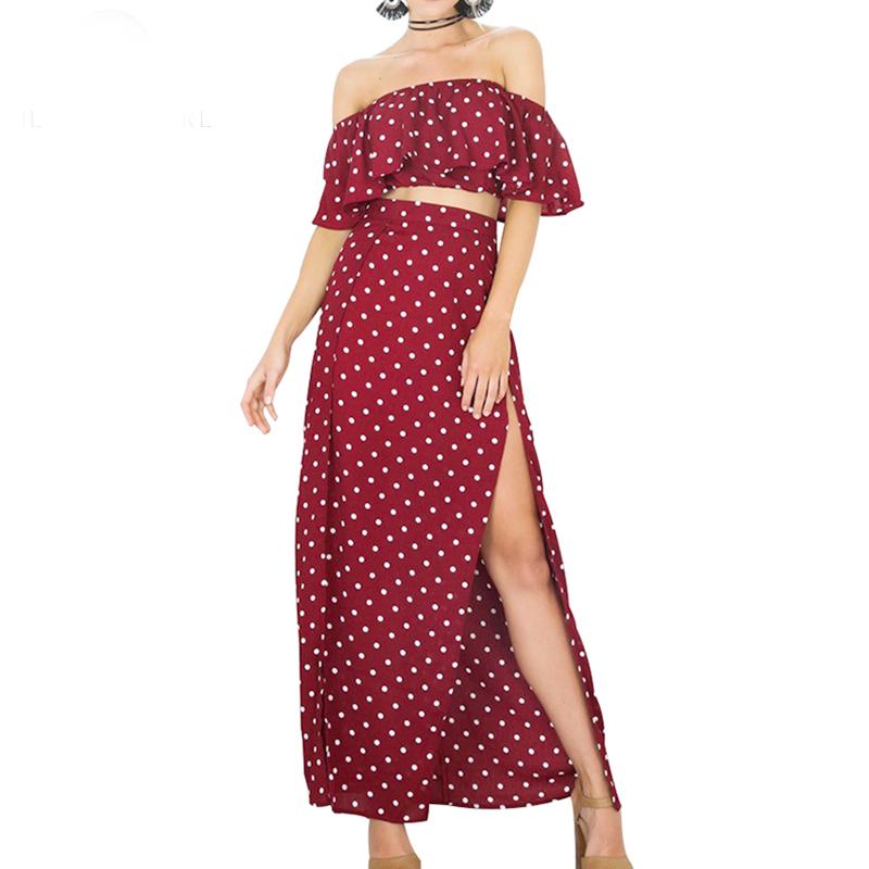 Vintage Dot Off Shoulder Red Split Dress