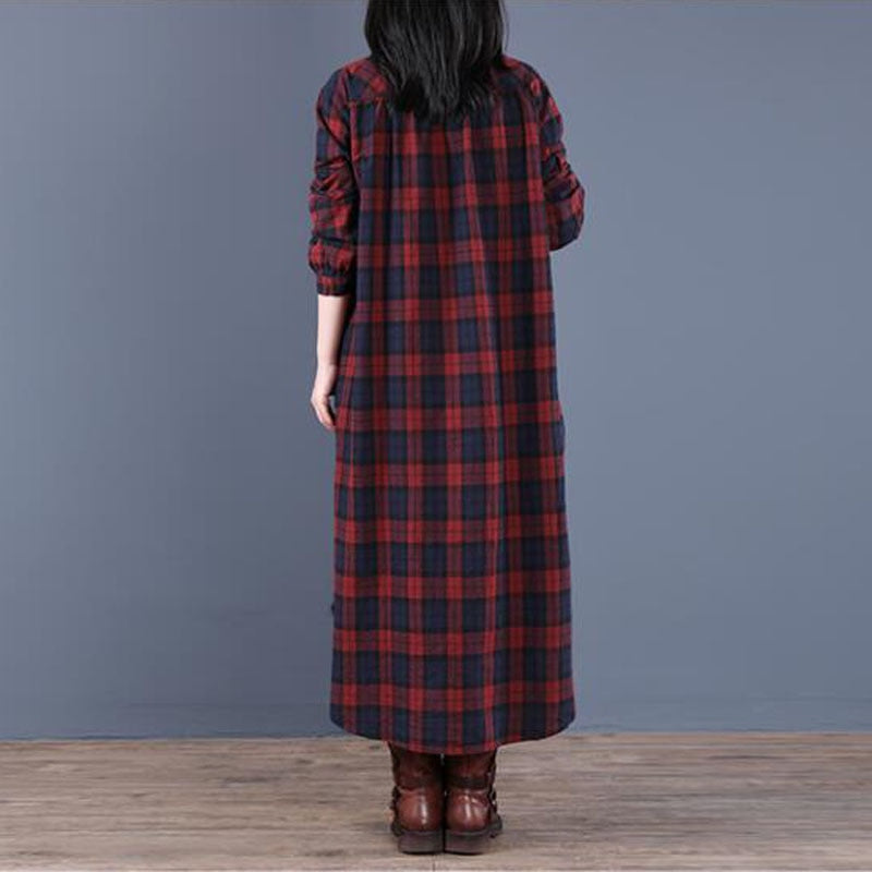 New Spring Autumn Shirt Dress Vintage Loose Cotton Long Dress Vestidos Robe D ETE Femme Literary Plaid Woman Dress