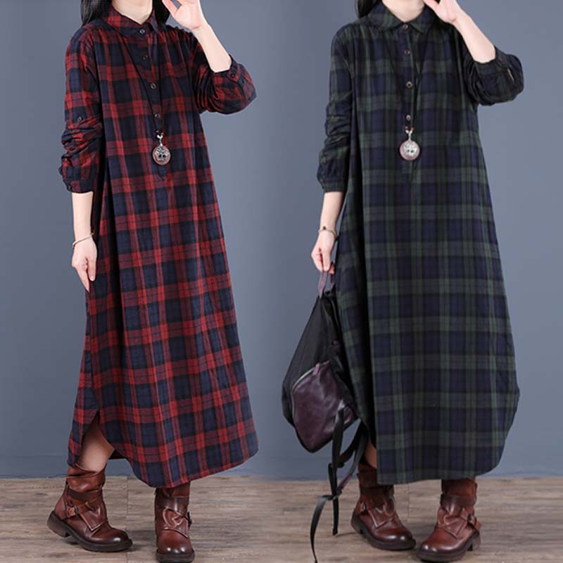 New Spring Autumn Shirt Dress Vintage Loose Cotton Long Dress Vestidos Robe D ETE Femme Literary Plaid Woman Dress