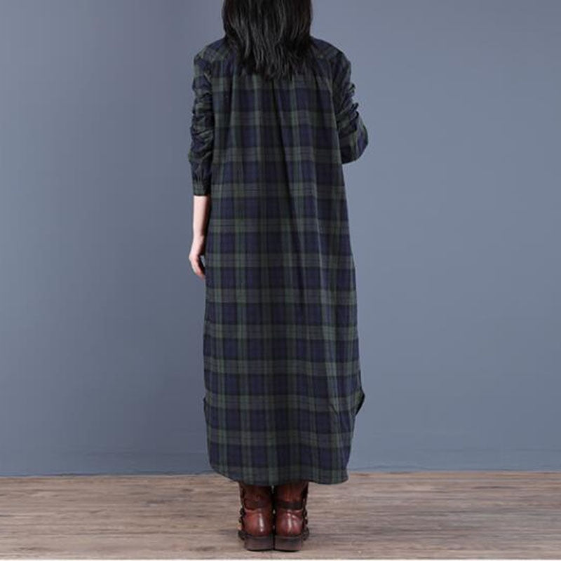 New Spring Autumn Shirt Dress Vintage Loose Cotton Long Dress Vestidos Robe D ETE Femme Literary Plaid Woman Dress