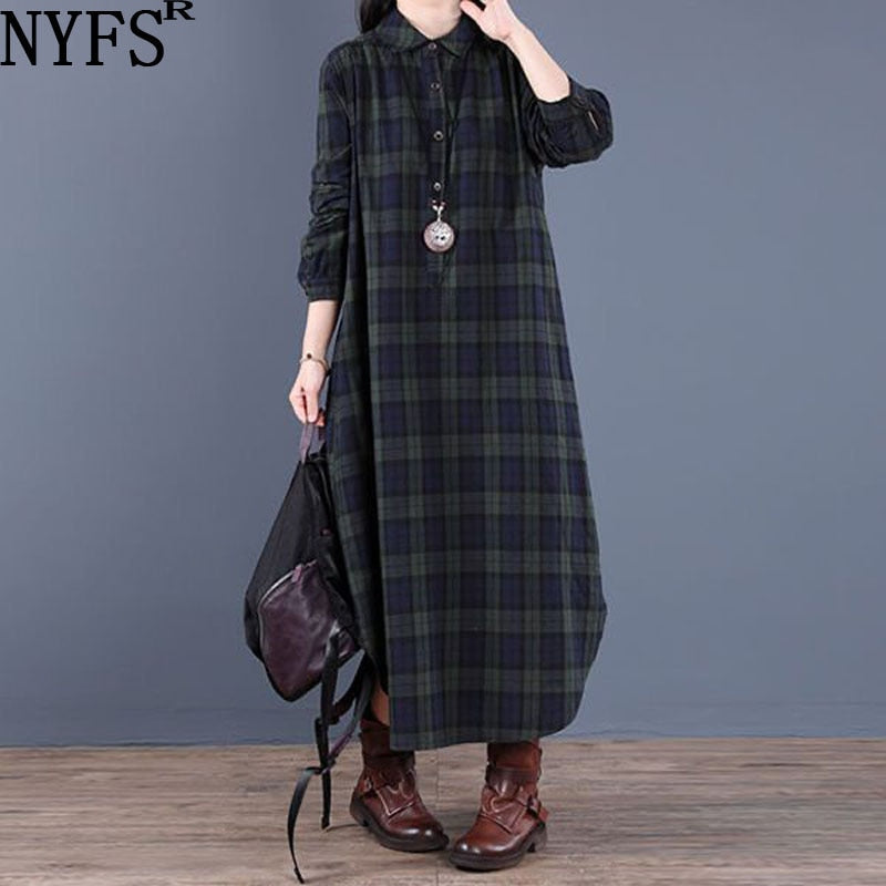 New Spring Autumn Shirt Dress Vintage Loose Cotton Long Dress Vestidos Robe D ETE Femme Literary Plaid Woman Dress