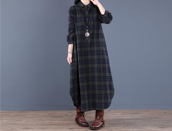 New Spring Autumn Shirt Dress Vintage Loose Cotton Long Dress Vestidos Robe D ETE Femme Literary Plaid Woman Dress