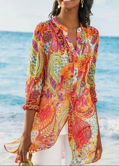 Plus Size Long Bohemian Jersey Nine Quarter Print Stand Regular Shirts