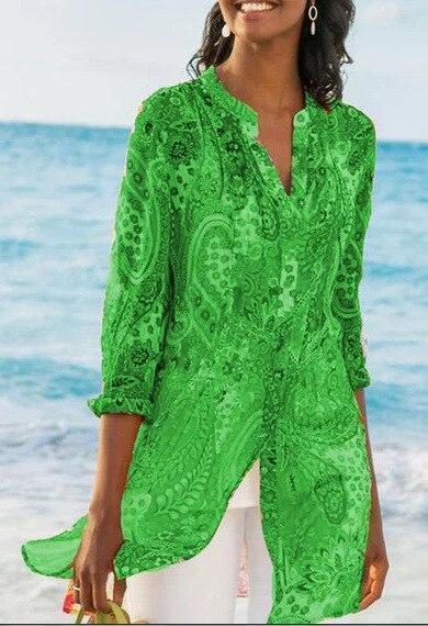 Plus Size Long Bohemian Jersey Nine Quarter Print Stand Regular Shirts