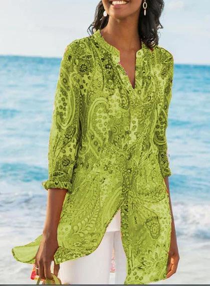 Plus Size Long Bohemian Jersey Nine Quarter Print Stand Regular Shirts