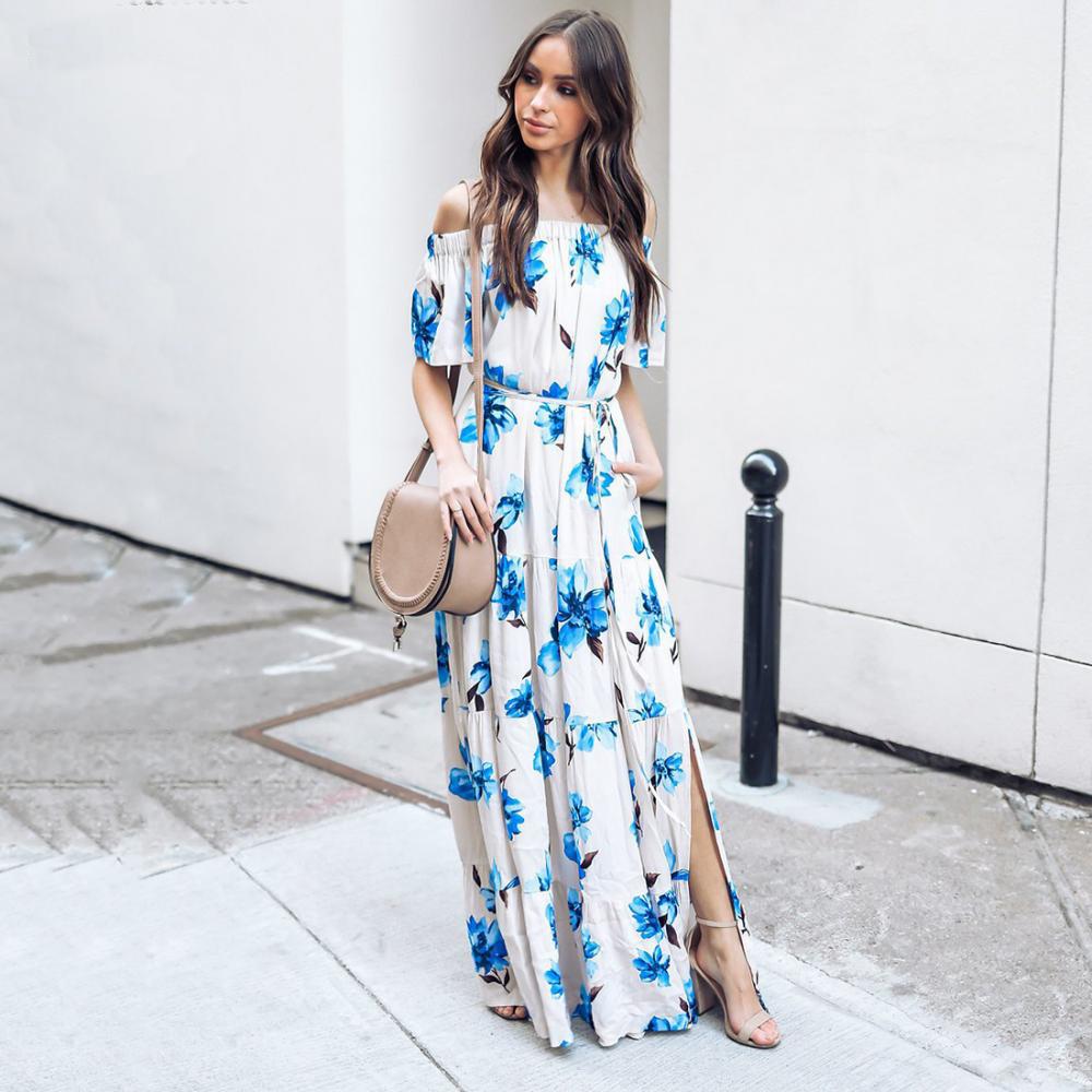 Boho Off Shoulder Side Slit Beach Long Maxi Dress