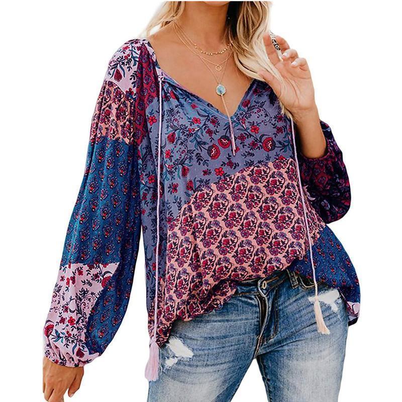 Women Autumn Blouse Floral Print Long Loose V-neck Pullover Drawstring Shirt