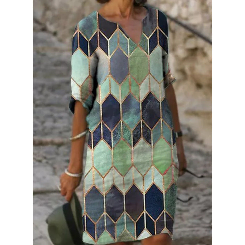 Women's Explosions Casual Geometric V-neck A-shaped Multicolor Printed Dress Half Length Sleeves Plus Size