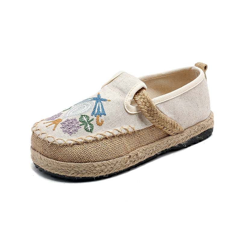 Summer New Ethnic Style Women's Single Shoes Lazy One Step Round Toe Thick Sole Cotton Hemp Embroidered Shoes