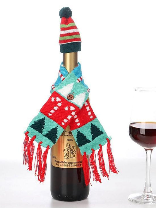 Christmas Knitted Scarf Hat Christmas Wine Bottle Set