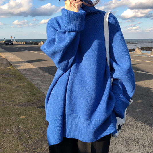 Black turtleneck sweater women fall/winter loose pullover all-match solid color thick outer wear sweater