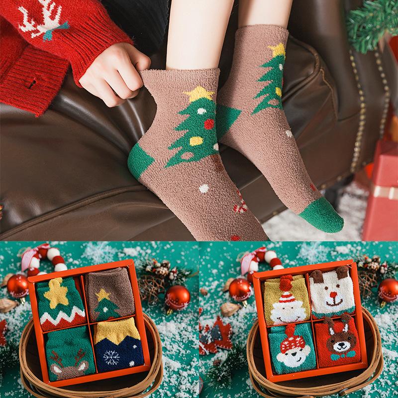 Christmas socks women's tube socks half fleece cute Japanese boxed ladies socks