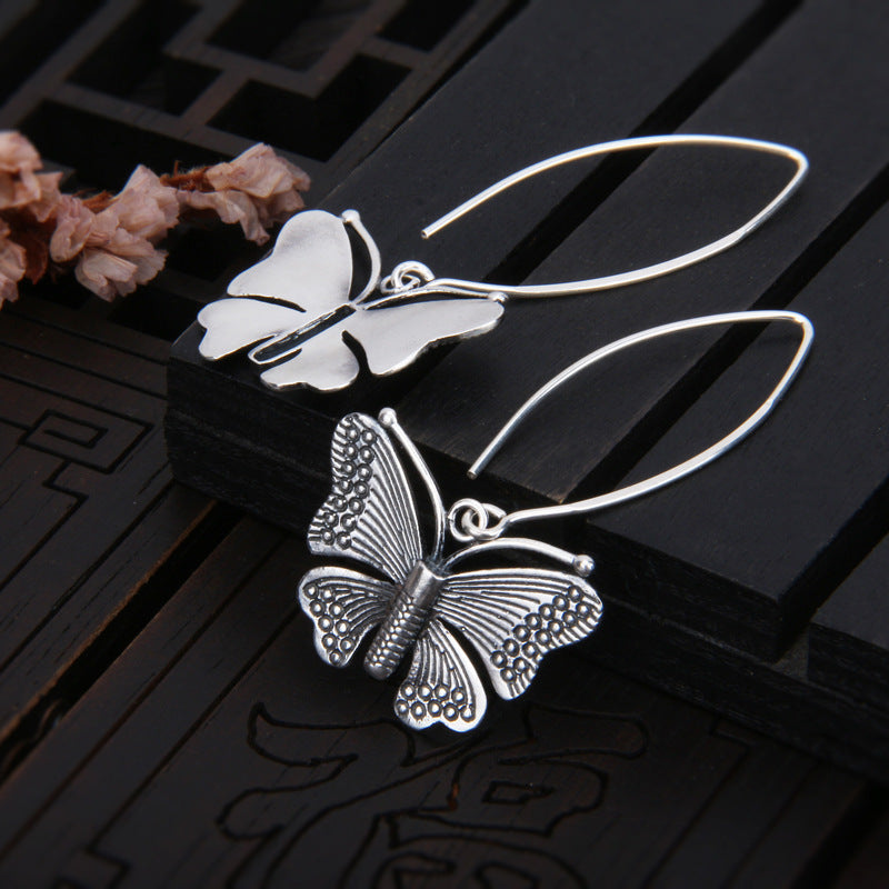 Thai  butterfly sterling silver earrings women's retro style S925 foot silver tassel exaggerated earring accessories gift