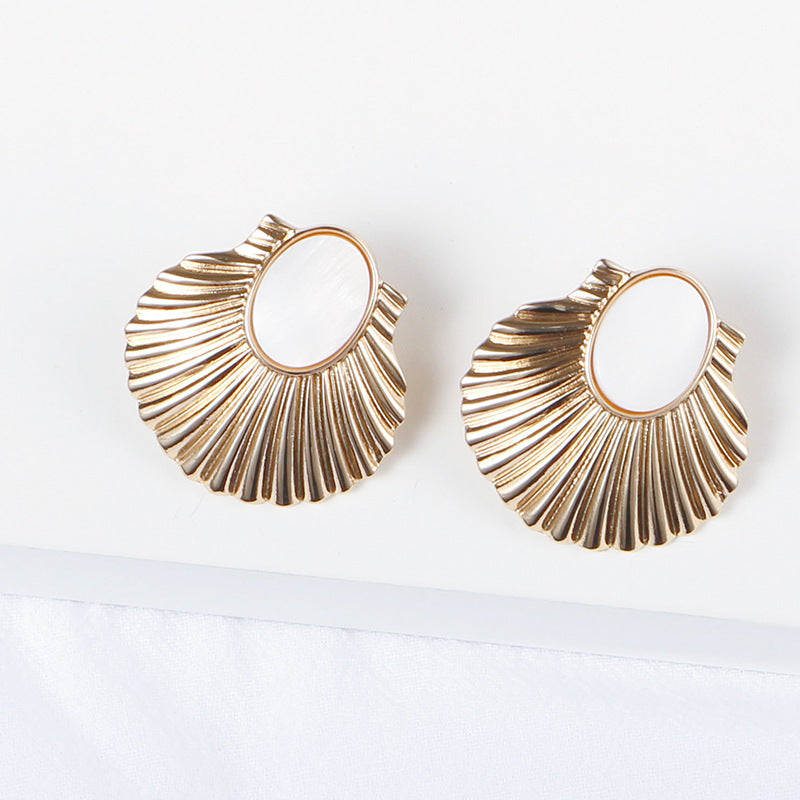 Exaggerated Fan-shaped Alloy Earrings with White Shells