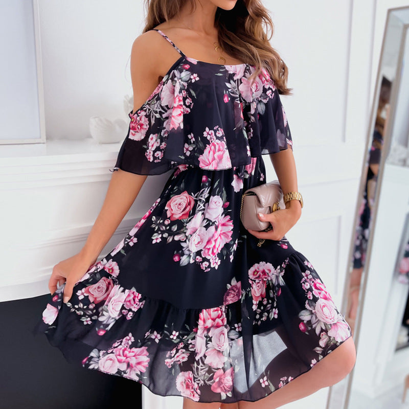 Chiffon Print Sling Off-Shoulder Loose Ruffle Hem Dress
