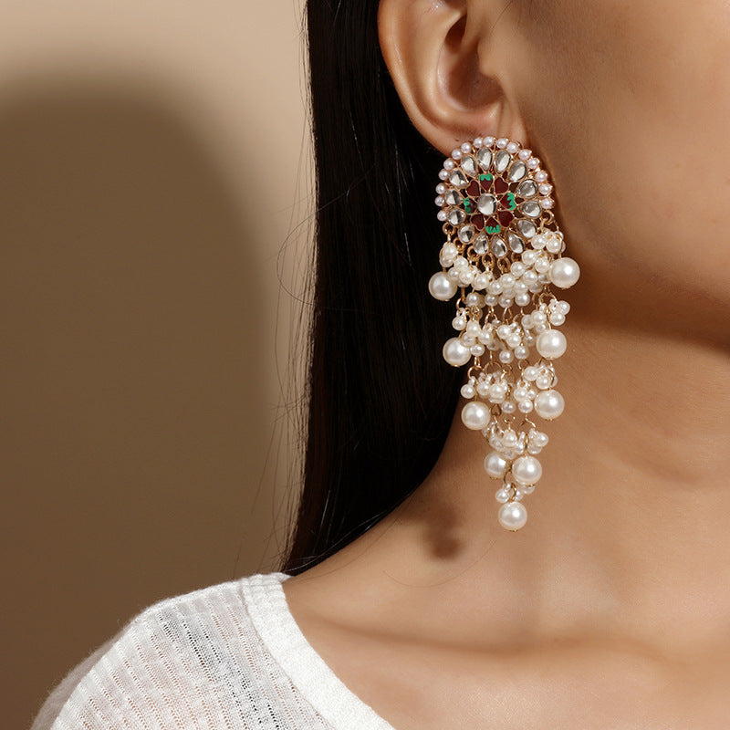 Fashion retro exotic ethnic style exaggerated earrings palace style diamond pearl tassel earrings