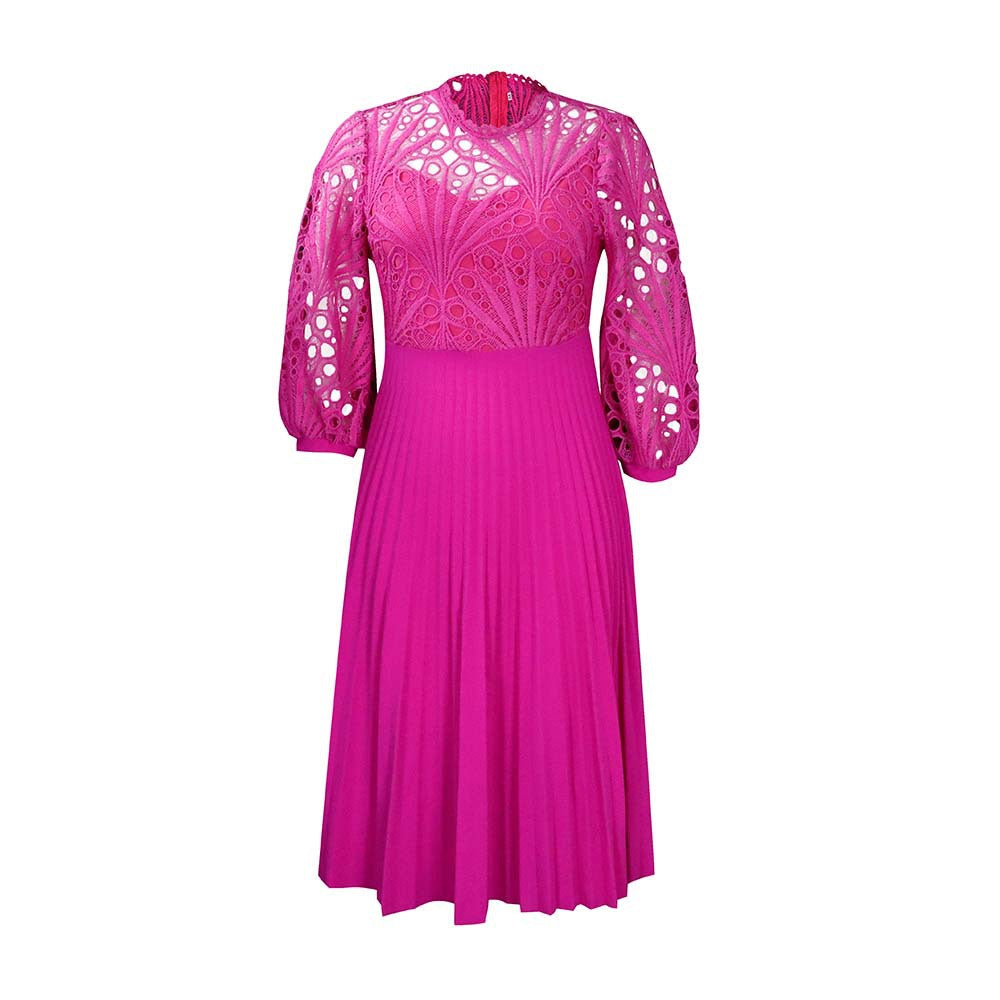 Large size lace crochet sexy openwork pleated dress dress