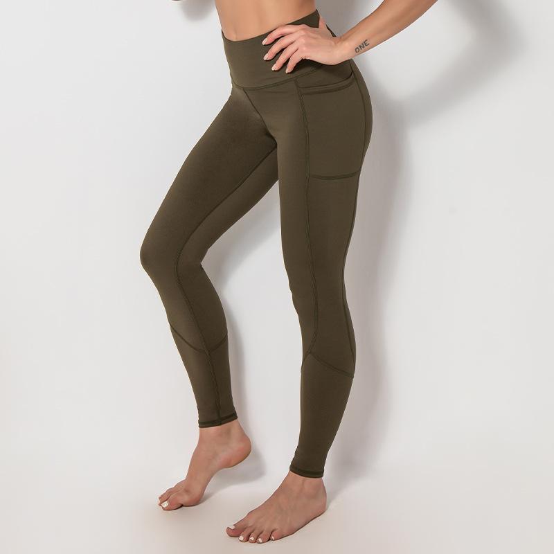 Spliced pocket size double-sided nylon high elastic sports high waist hip tight yoga pants women.