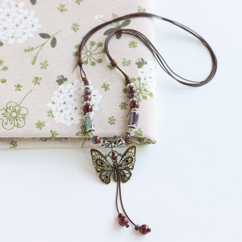 Ethnic style ceramic long sweater chain women's antique hanging vintage Chinese style butterfly necklace