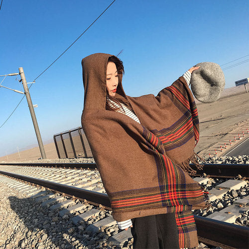 Thickened Warm Hooded Split Cloak Shawl