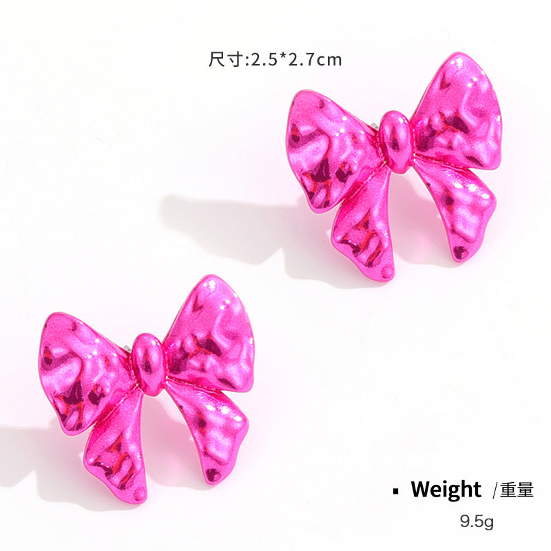 Metal flower bow Barbie pink stud earrings women's fashion personality earrings