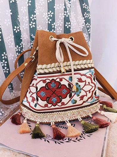 Bohemian Embroidered Tassel Bucket Bag Crossbody Bag