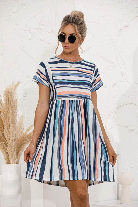 striped-print paneled crew-neck dress