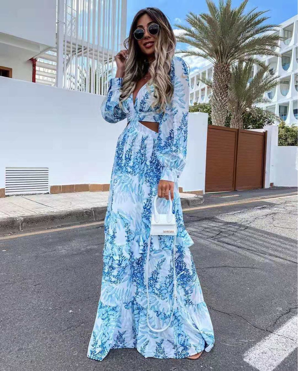 New long sleeve printed hollow long dress in summer