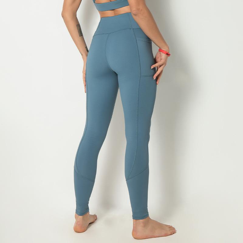 Spliced pocket size double-sided nylon high elastic sports high waist hip tight yoga pants women.