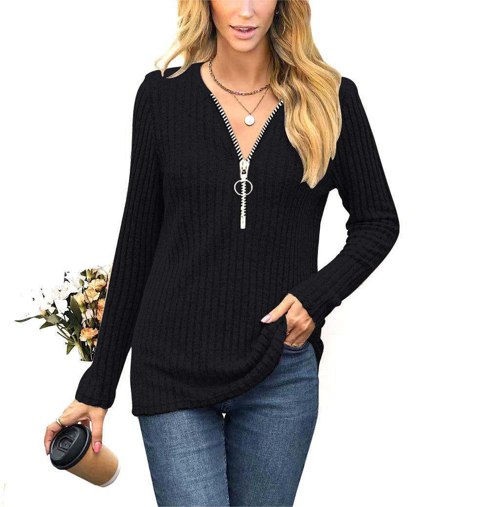 Autumn/Winter New Women's Wear Chest Zipper Pleated Casual Long Sleeve T-shirt Top