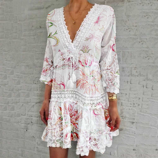 V-neck print seven-sleeve hollow sexy dress
