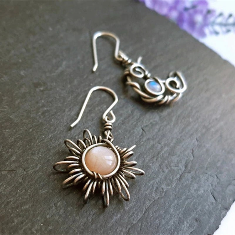 Bohemian retro Sun Moon Earrings Moonstone asymmetric Sun Moon Earrings