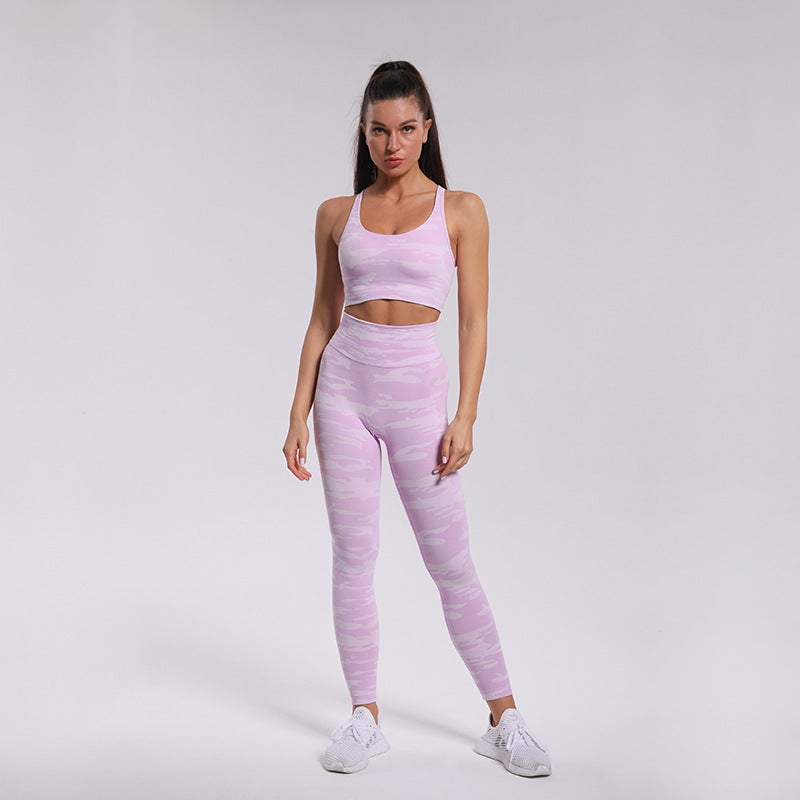 Seamless knitted camouflage yoga wear women's sports bra beauty back sweat-absorbent running pants suit