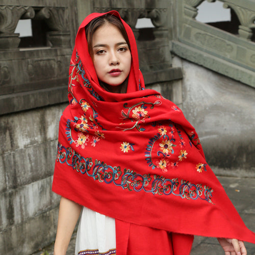 Thickened imitation cashmere embroidered scarf shawl dual-purpose autumn and winter warmth, large size high-end retro national style