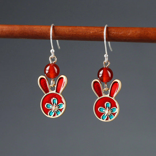 Red earrings antique rabbit earrings with cheongsam retro sterling silver ethnic earrings