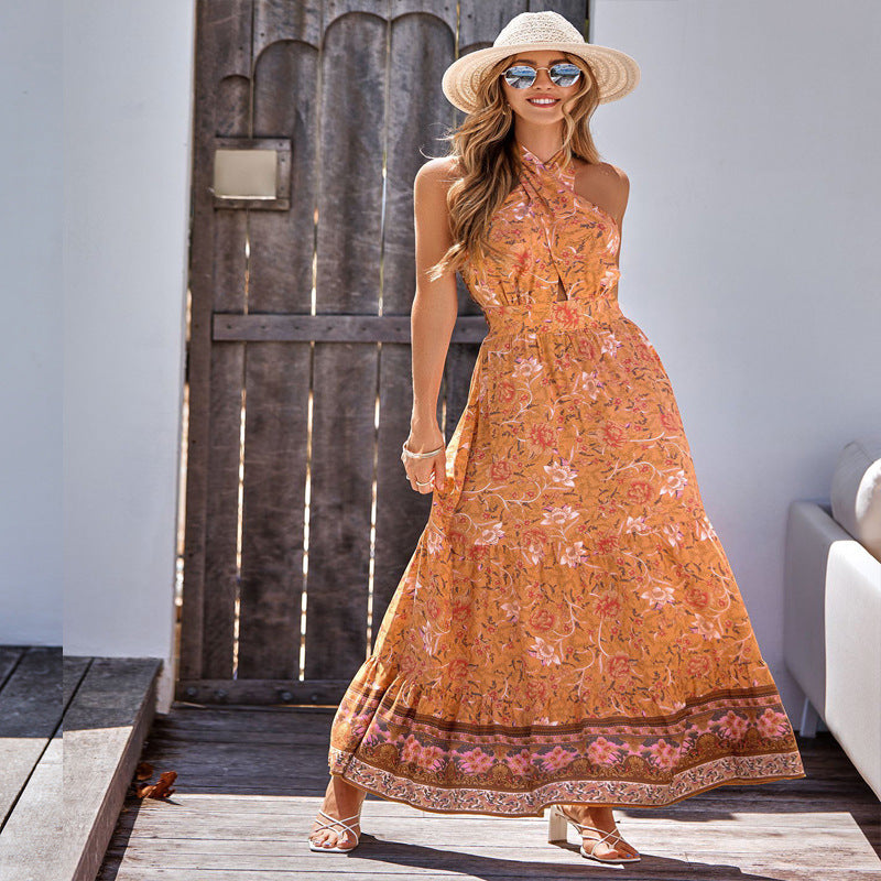 Bohemian print casual halterneck maxi dress