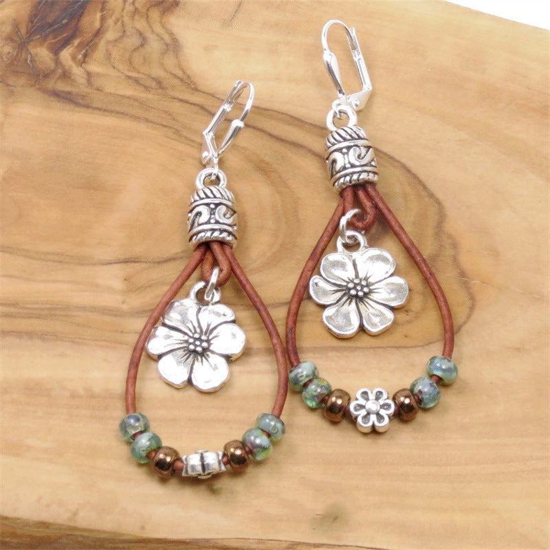 Bohemian leather rope floral earrings simple earrings