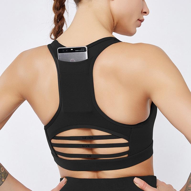 Sports bra back pocket shock absorption sexy bar stitching mesh sports jacket yoga top