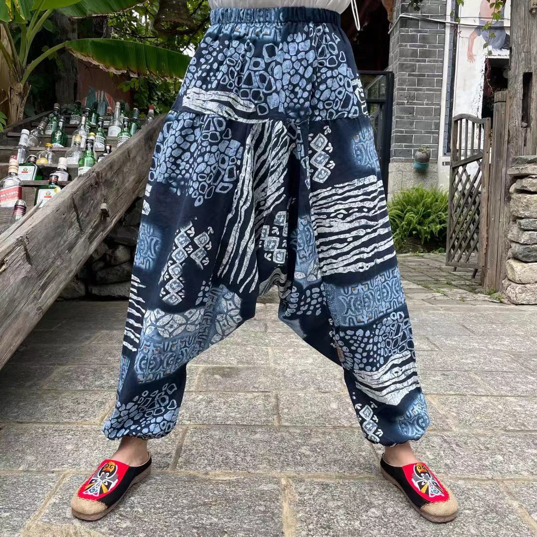 Ethnic style summer men's and women's same large crotch pants cotton and linen printed casual lantern trousers