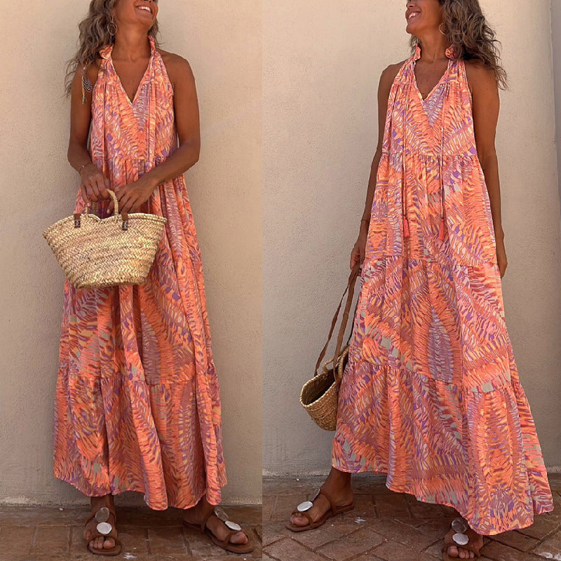 Summer loose fitting women's printed neck hanging sleeveless V-neck large swing long dress