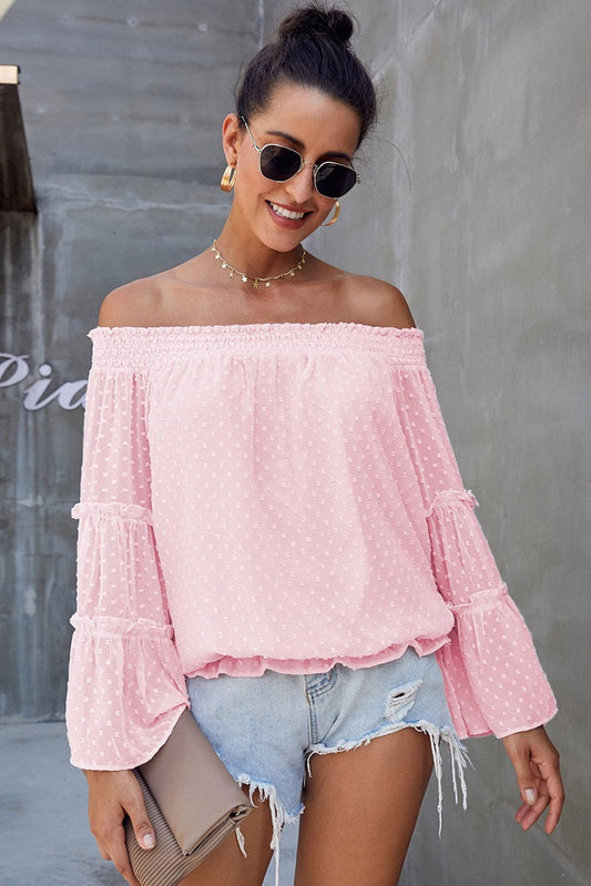 Long sleeve flared chiffon strapless neck openwork blouse