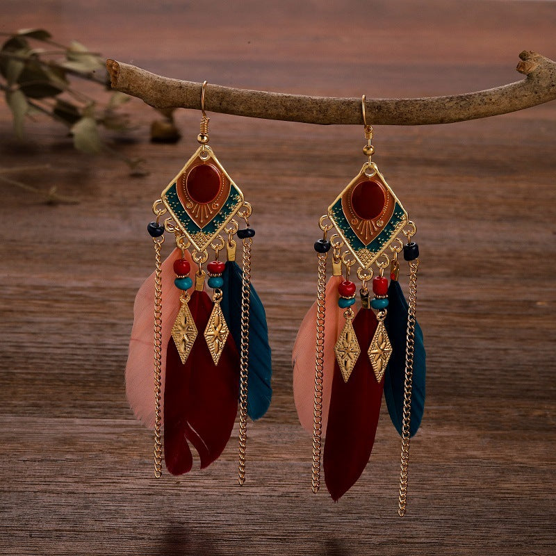 Fringed bohemian red earrings, vintage feather earrings