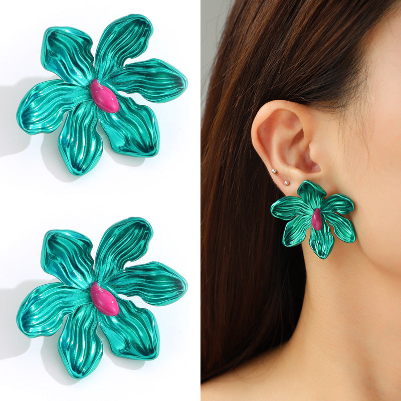 Metal flower bow Barbie pink stud earrings women's fashion personality earrings