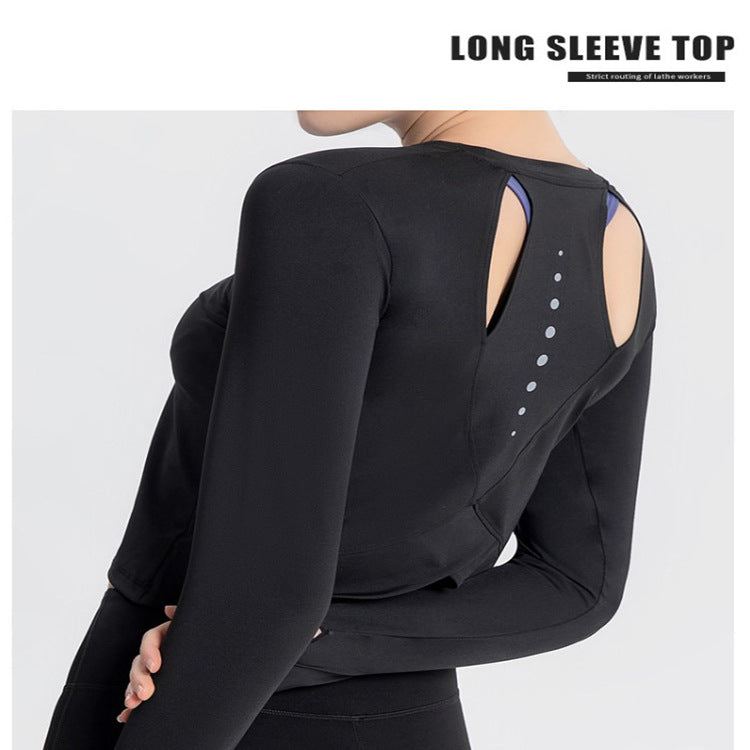 Sports Yoga Wear Women's Loose Slimming Blouse and Quick-drying Sportswear Solid Color Long-sleeved Yoga Wear with Hollow Back