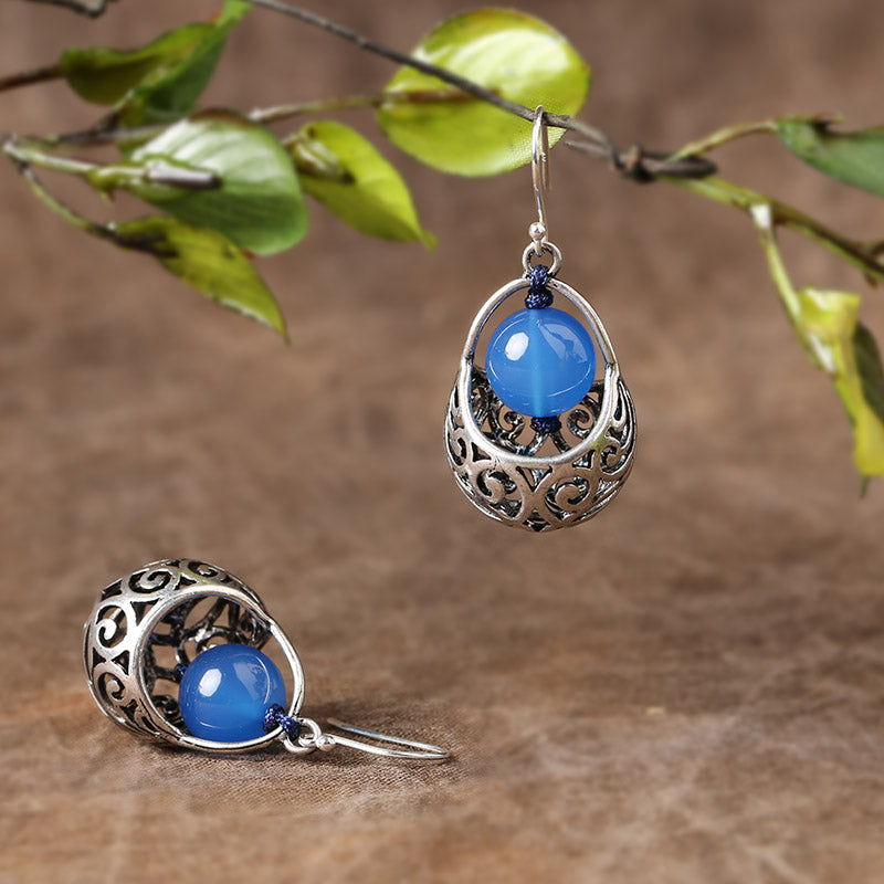 Ethnic Style Earrings Blue Agate Silver Earrings Retro Tibetan Style with Cheongsam Sterling Silver Earrings