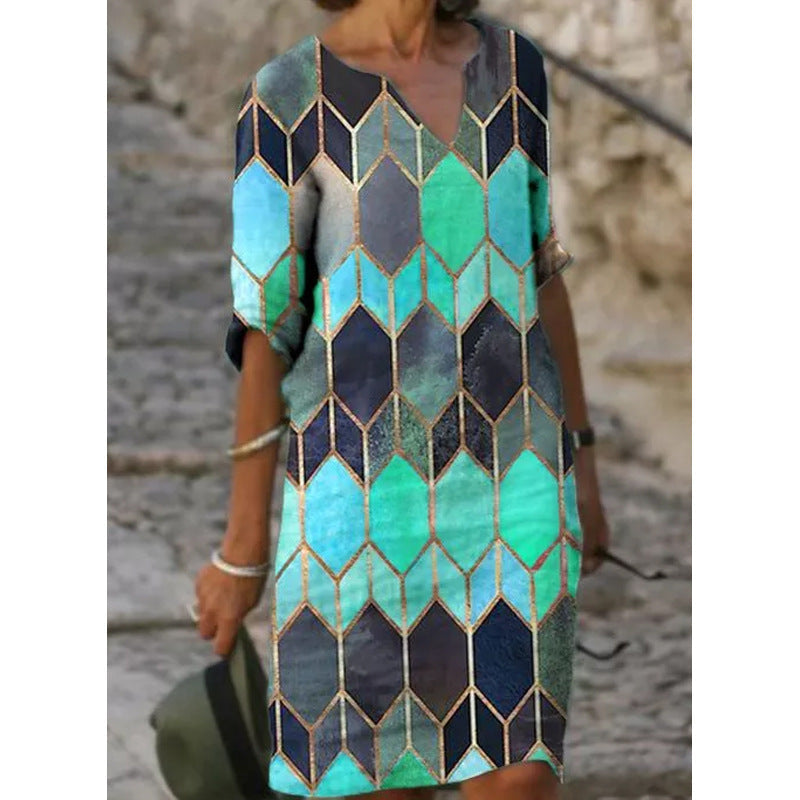 Women's Explosions Casual Geometric V-neck A-shaped Multicolor Printed Dress Half Length Sleeves Plus Size